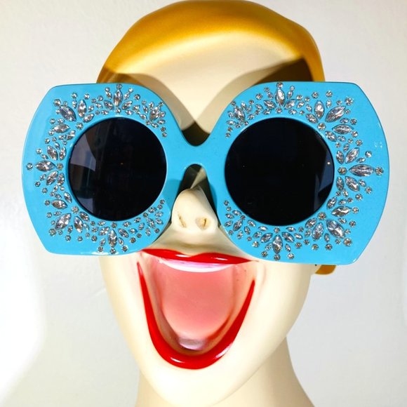 House Of Adornments Accessories - Aqua Giant Glam Girl White Rhinestone Encrusted Oversized Sunglasses
